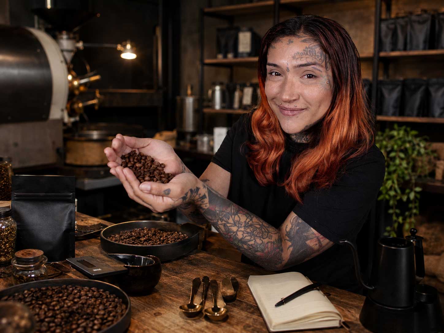 Cat mostrando café en grano dentro de una guía cafetera