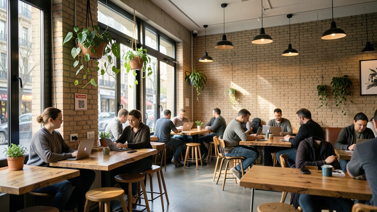 Interior de cafetería de especialidad en Madrid con mesas amplias, enchufes y luz natural para trabajar